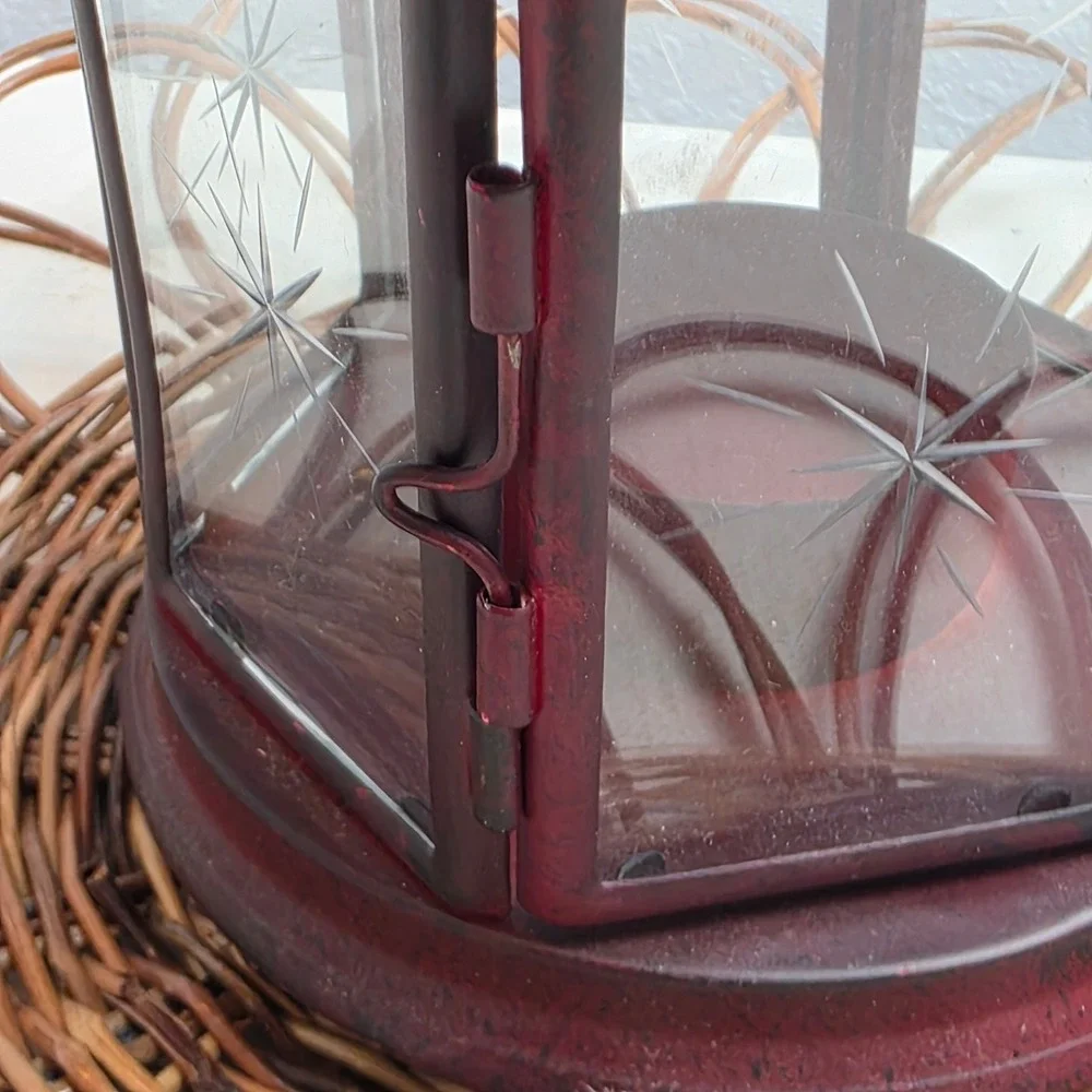 Rustic Burgundy Red Metal Heart Lantern Etched‎ Glass Tea Light Holder